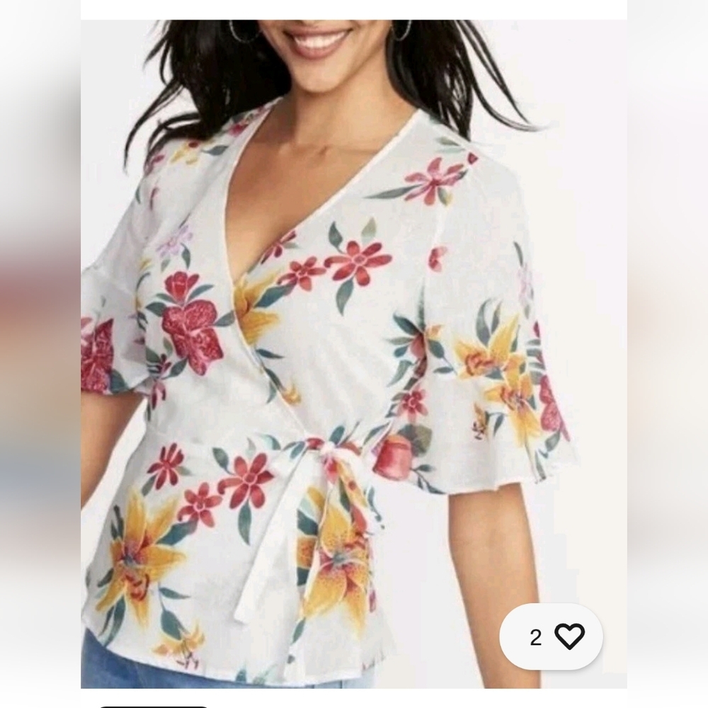 Old Navy Floral Wrap Blouse - White with Red and Yellow